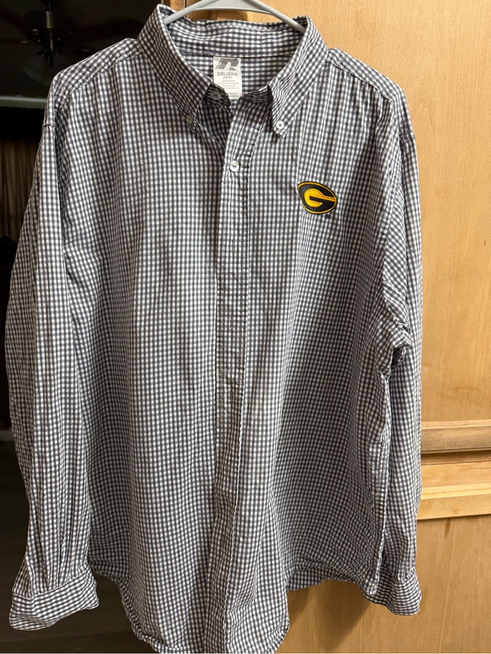 Russell Athletic Black & White Gingham Button-Down Shirt with Yellow Patch